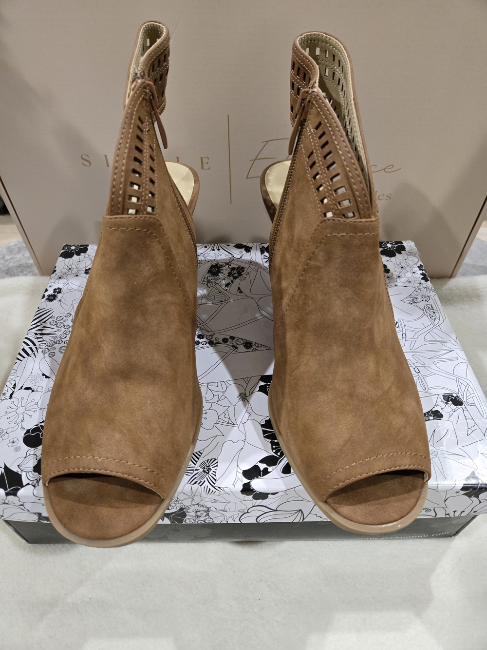 Suede Peep-Toe Ankle-Heel Sandals in Brown - CL BY LAUNDRY